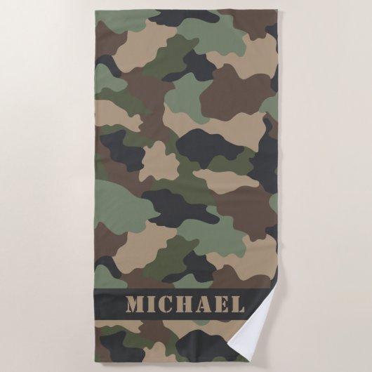 Woodland Camouflage Camo Khaki Tan Black Monogram Strandlaken (Voorkant)