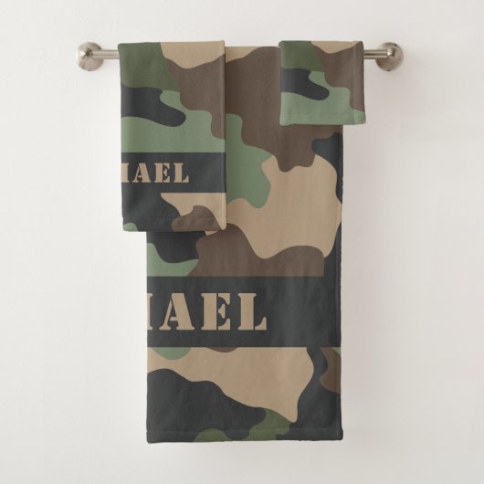 Woodland Camouflage Camo Khaki Tan Zwart Monogram Bad Handdoek (Insitu)