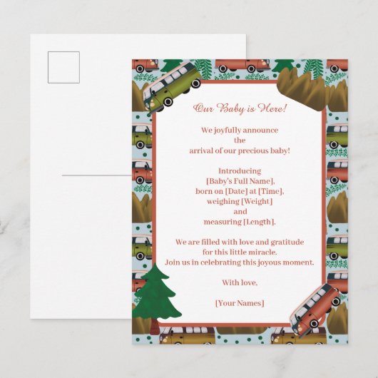 Woodland Camper Baby Jongen Aankondigingskaart (Voorkant / Achterkant)