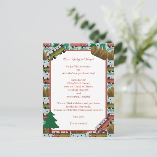 Woodland Camper Baby Jongen Aankondigingskaart (Staand voorkant)