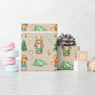 Woodland Camping Animals Kind Waterverf Patroon Cadeaupapier