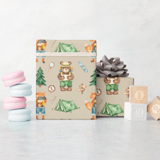 Woodland Camping Animals Kind Waterverf Patroon Cadeaupapier (Baby Shower)