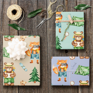 Woodland Camping Animals Kind Waterverf Patroon Inpakpapier Vel