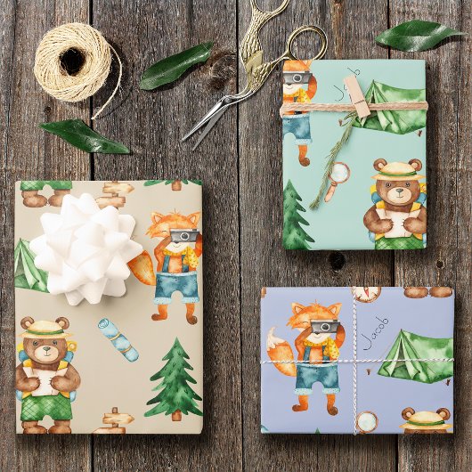 Woodland Camping Animals Kind Waterverf Patroon Inpakpapier Vel