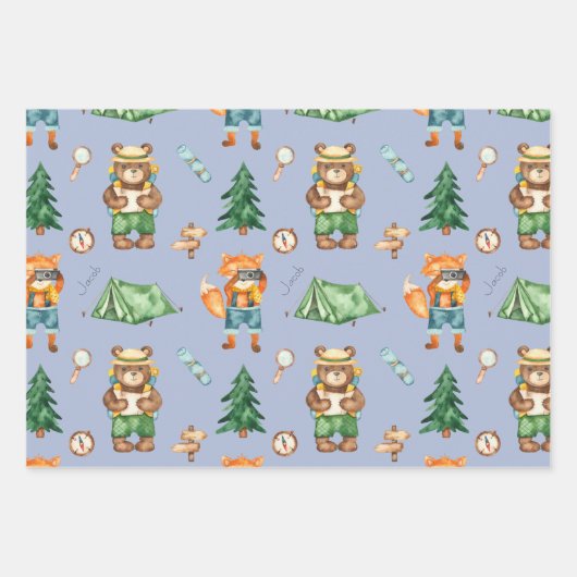 Woodland Camping Animals Kind Waterverf Patroon Inpakpapier Vel (Voorkant 3)