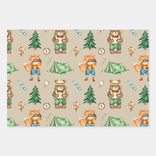 Woodland Camping Animals Kind Waterverf Patroon Inpakpapier Vel (Voorkant)