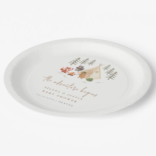 Woodland Camping Het avontuur begint Baby shower Papieren Bordje (Gekanteld)