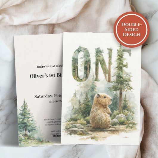 Woodland Capybara 1st Birthday Invitation Feestdagenkaart