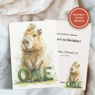 Woodland Capybara 1st Birthday Invitation Feestdagenkaart