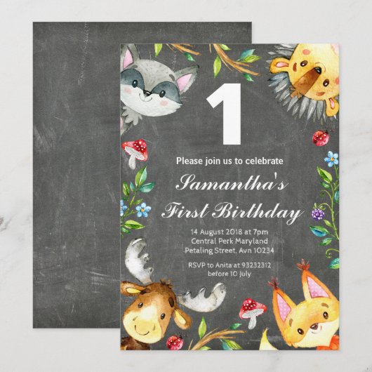 Woodland Chalkboard verjaardagsuitnodiging Kaart (Voorkant / Achterkant)