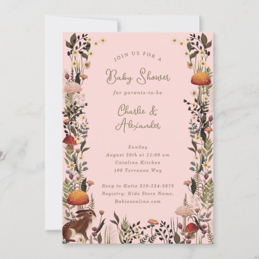 Woodland champignons Wildflower Roze baby shower Kaart (Voorkant)