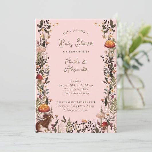 Woodland champignons Wildflower Roze baby shower Kaart (Staand voorkant)