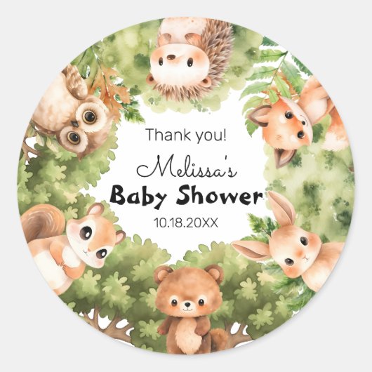 Woodland Charming Friends Baby shower Bedankt Ronde Sticker (Voorkant)