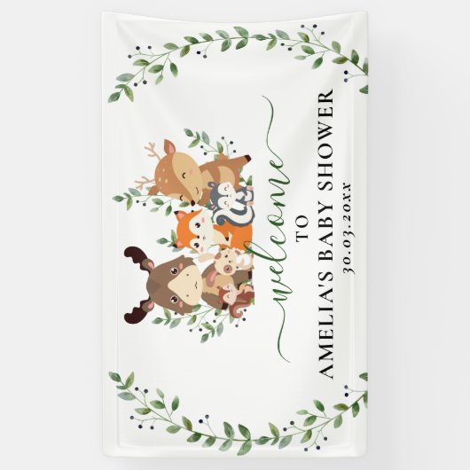 Woodland Chic groen Bos Dieren Baby shower Spandoek (Verticaal)