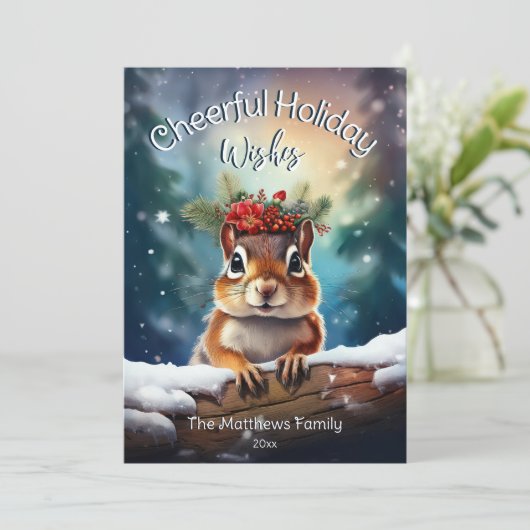 Woodland Chipmunk Vrolijk Kerst Rustiek Bos Feestdagenkaart (Staand voorkant)