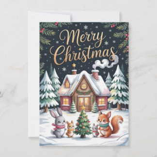 Woodland Christmas Cabin Card Feestdagenkaart