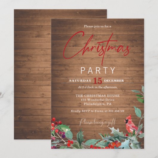 Woodland Christmas Party Rode Kardinaal Uitnodigin Kaart (Voorkant / Achterkant)
