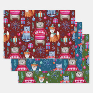 Woodland Christmas Winter Forest Beer Cat Fox Inpakpapier Vel