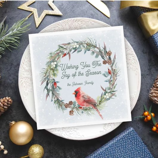 Woodland Christmas Wreath, Cardinal, Snowflakes Servet