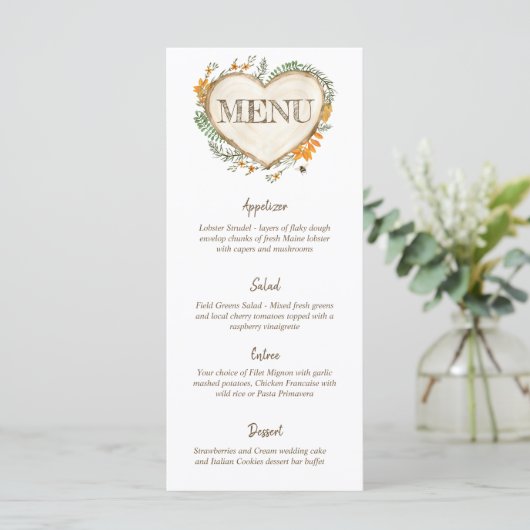 Woodland Cottcore Wooden Heart WeddenMenu Menu (Staand voorkant)