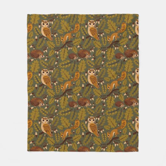 Woodland Creatures and Leaves Pattern Fleece Deken (Voorkant)