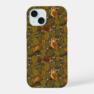Woodland Creatures and Leaves Pattern iPhone 15 Case