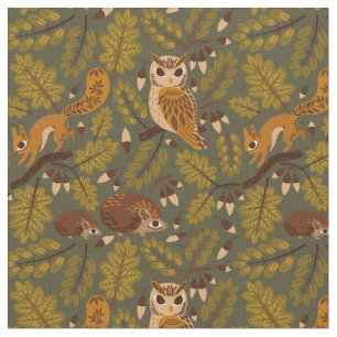 Woodland Creatures and Leaves Pattern Stof