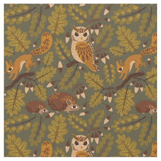 Woodland Creatures and Leaves Pattern Stof (Close Up)
