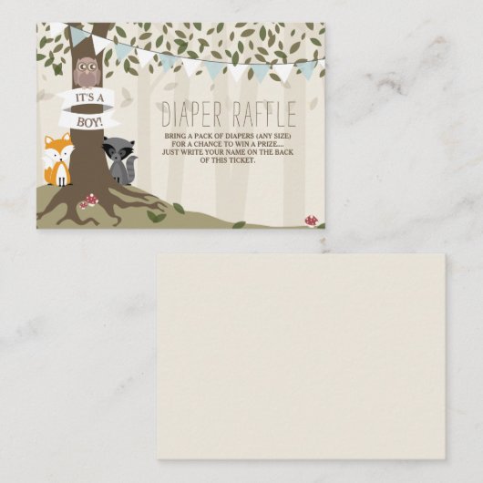 Woodland Creatures Baby Jongen Luier Raffle Informatiekaartje (Voorkant / Achterkant)