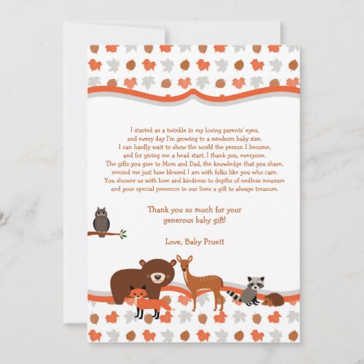 Woodland Creatures Baby shower dank je gedicht Bedankkaart (Voorkant)