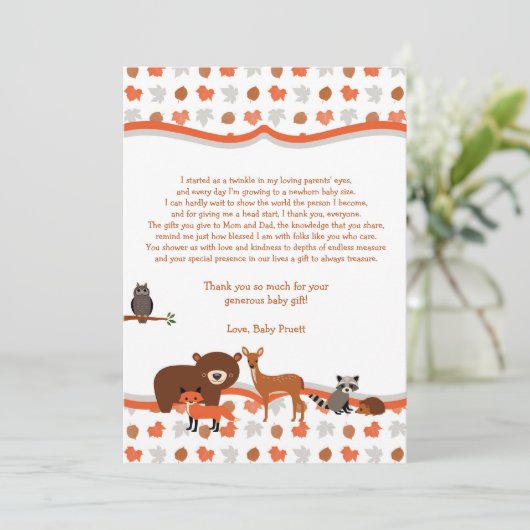 Woodland Creatures Baby shower dank je gedicht Bedankkaart (Staand voorkant)