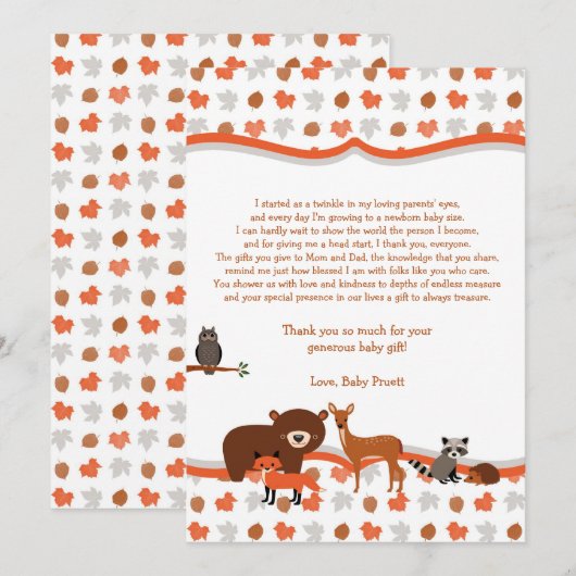 Woodland Creatures Baby shower dank je gedicht Bedankkaart (Voorkant / Achterkant)