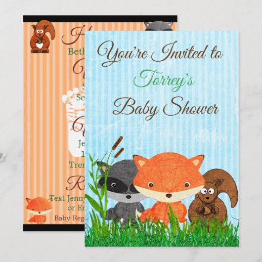 Woodland Creatures Baby shower Invitation Kaart (Voorkant / Achterkant)
