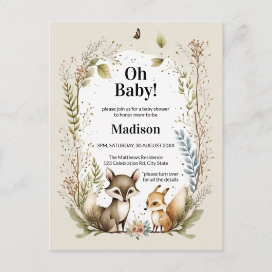 Woodland Creatures Baby shower Invite Waterverf Briefkaart (Voorkant)