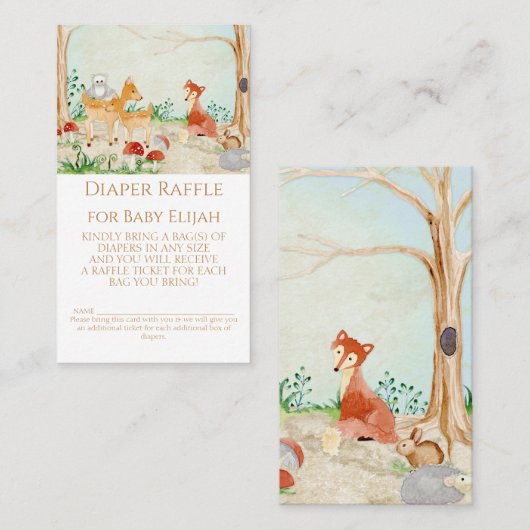 Woodland Creatures Fox Deer Diaper Raffle Rustic Visitekaartje (Voorkant / Achterkant)