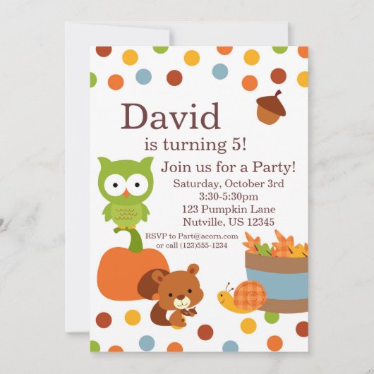 Woodland Creatures Herfst Birthday Party Invitatio Kaart (Voorkant)