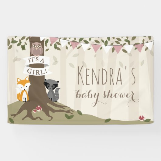 Woodland Creatures roze Baby shower Spandoek (Horizontaal)