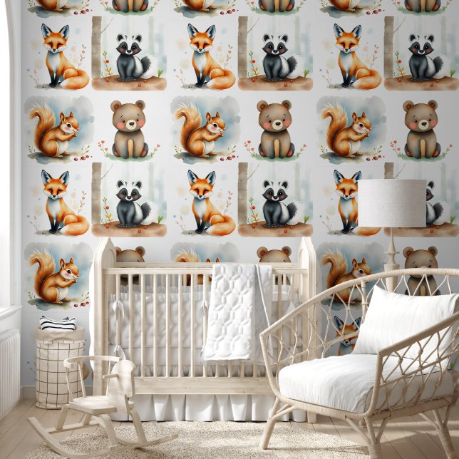 Woodland Creatures Waterverf Illustration Behang (Kinderen)