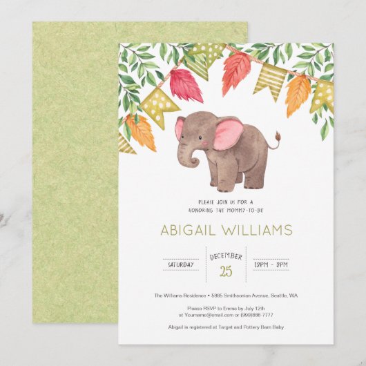 Woodland Cute Baby Elephant Baby shower Invitation Kaart (Voorkant / Achterkant)