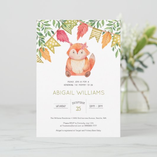 Woodland Cute Baby Girl Fox Baby shower Kaart (Staand voorkant)