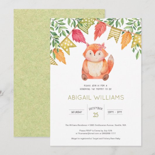 Woodland Cute Baby Girl Fox Baby shower Kaart (Voorkant / Achterkant)