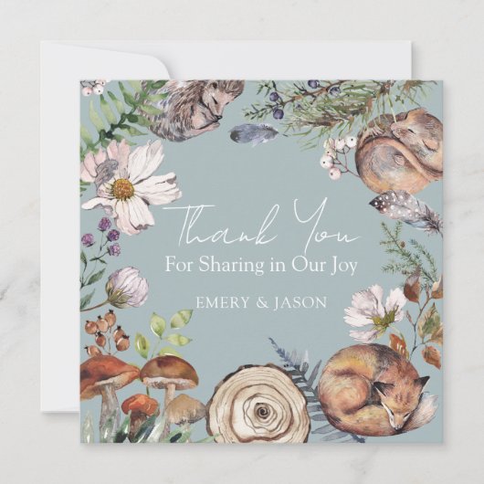 Woodland Cute Forest Animals Blue Baby Shower Bedankkaart (Voorkant)