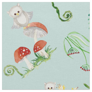 Woodland Cute Owl Foliage Mushrooms Baby Nursery Stof
