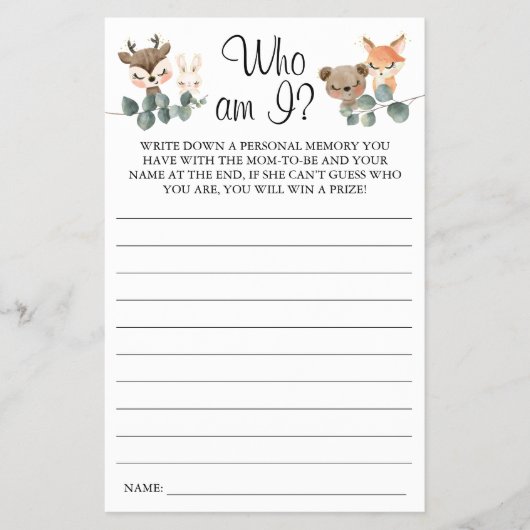 Woodland dat ik Baby shower-spelkaart ben Flyer (Voorkant)