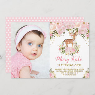 Woodland Deer 1st Birthday Pink Gold Pastel Floral Kaart