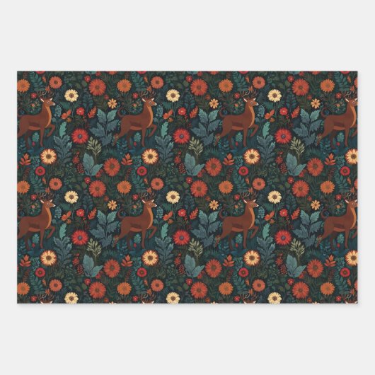 Woodland Deer and Flowers Holiday Gift Wrap Inpakpapier Vel (Voorkant)