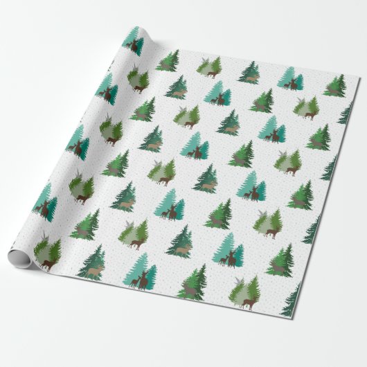 Woodland Deer and Pine Trees Pattern Cadeaupapier (Uitgerold)
