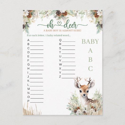 Woodland Deer Baby shower Boy Game Briefkaart (Voorkant)