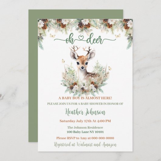 Woodland Deer Baby shower Boy Kaart (Voorkant / Achterkant)