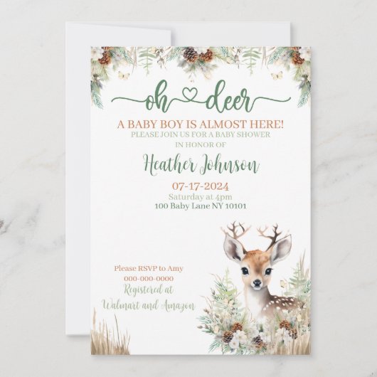 Woodland Deer Baby shower Boy Kaart (Voorkant)